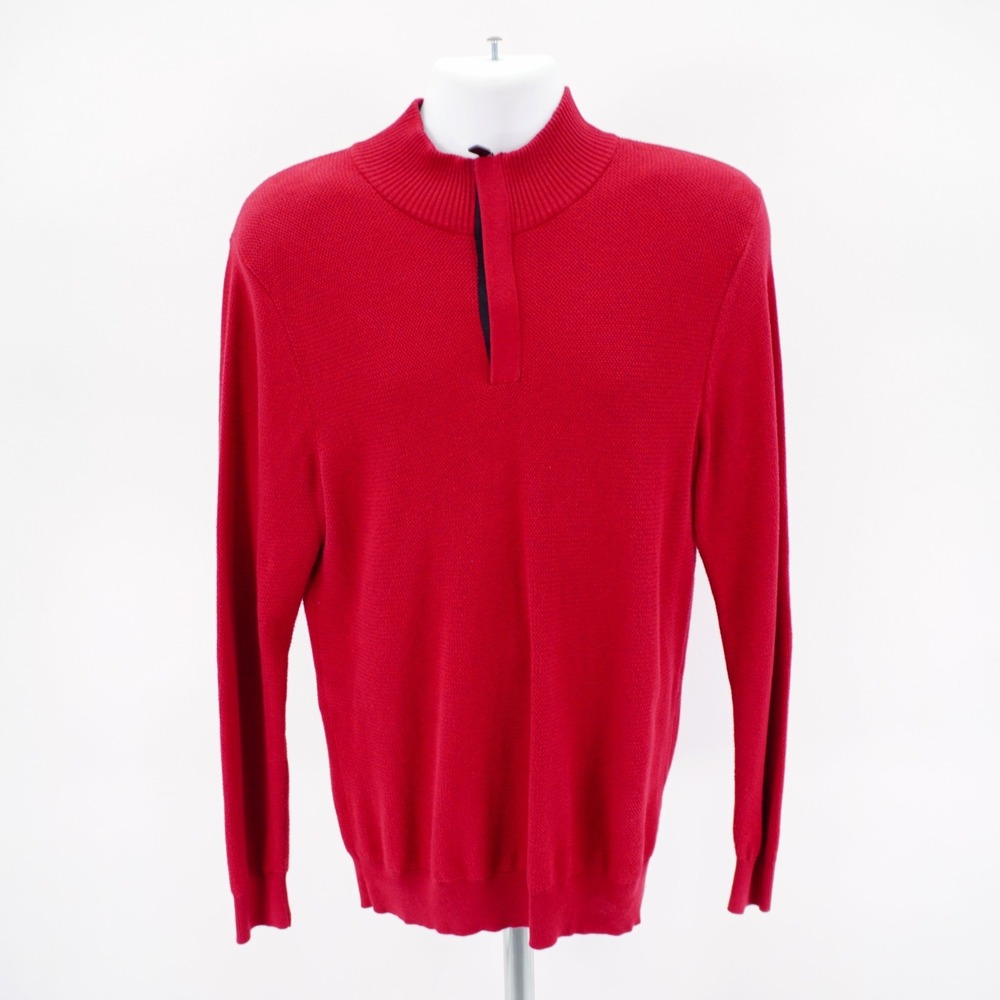 Jos A Bank Executive Red Large Waffle Knit 1/4 Zip Mock Neck Sweater Elbow Patch